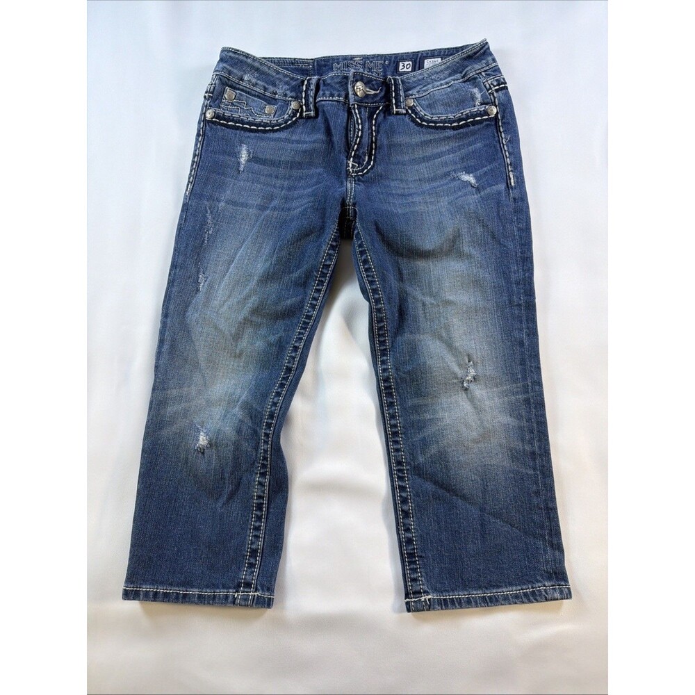 Miss Me Irene Capri Jeans Womens 30 Blue Denim Embroidered Pockets Stretch Mid